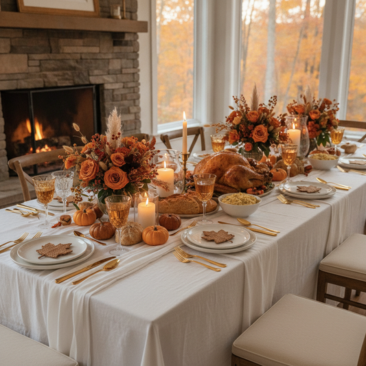 Warm autumn dining table set for a Canadian Thanksgiving family dinner with soft candlelight and gold cutlery