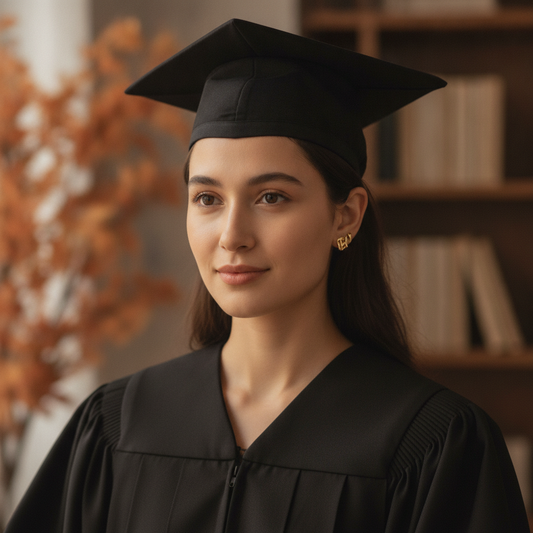 Young woman in graduation gown wearing delicate gold stud earrings, warm indoor light