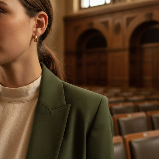 Woman in smart blazer wearing small gold hoop earring at warm convocation venue interior