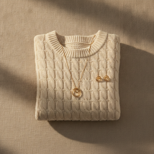 Resilience Interlock Necklace and studs on cream knit sweater on natural linen surface