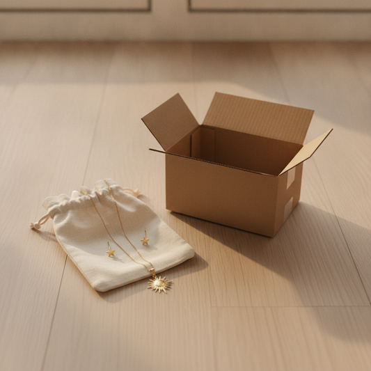 Gold necklace and stud earrings in linen pouch beside cardboard moving box in morning light